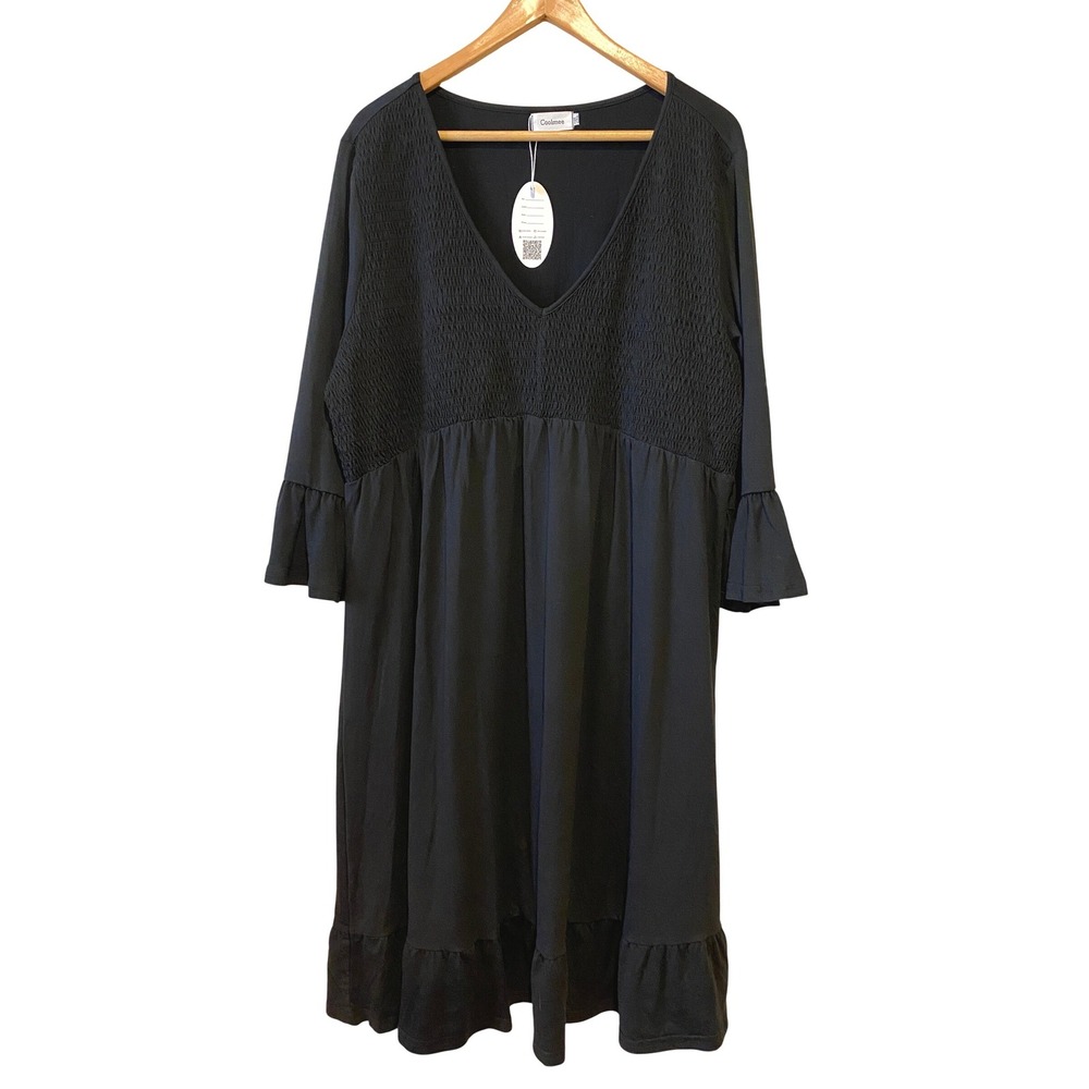 Coolmee Dress Sz 2XL Black Smocked V-Neck Ruffle Bell Sleeve Boho Goth NWT